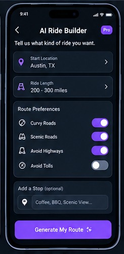 RideFinder AI Ride Builder screen