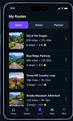 RideFinder saved routes screen