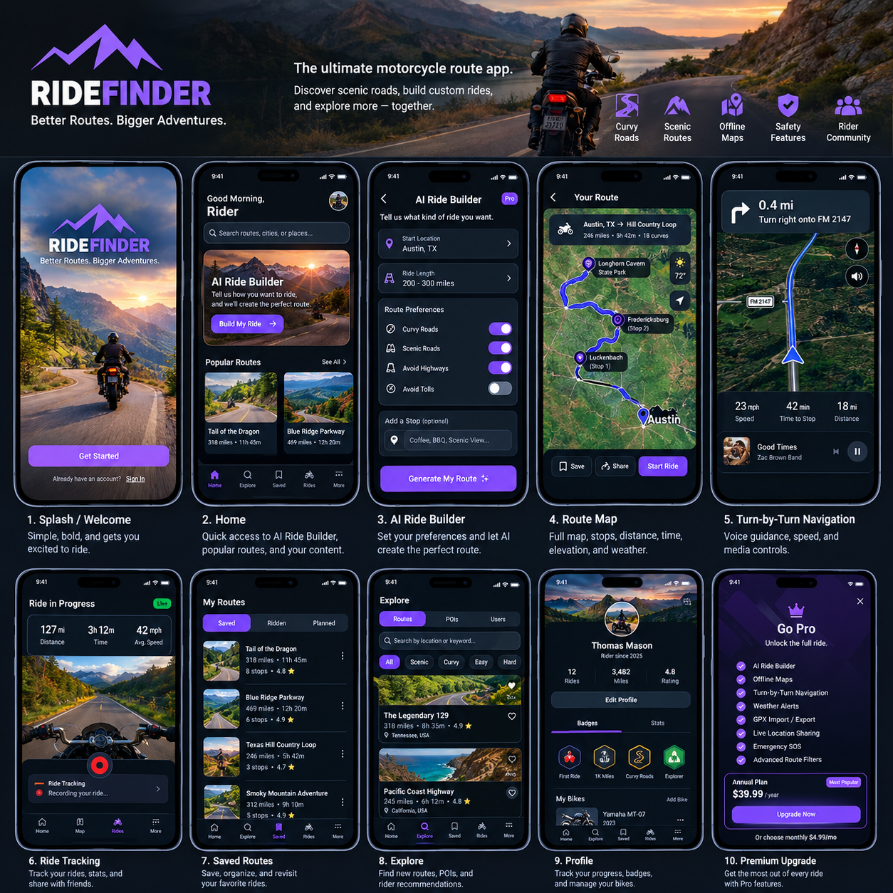 RideFinder motorcycle route app feature showcase